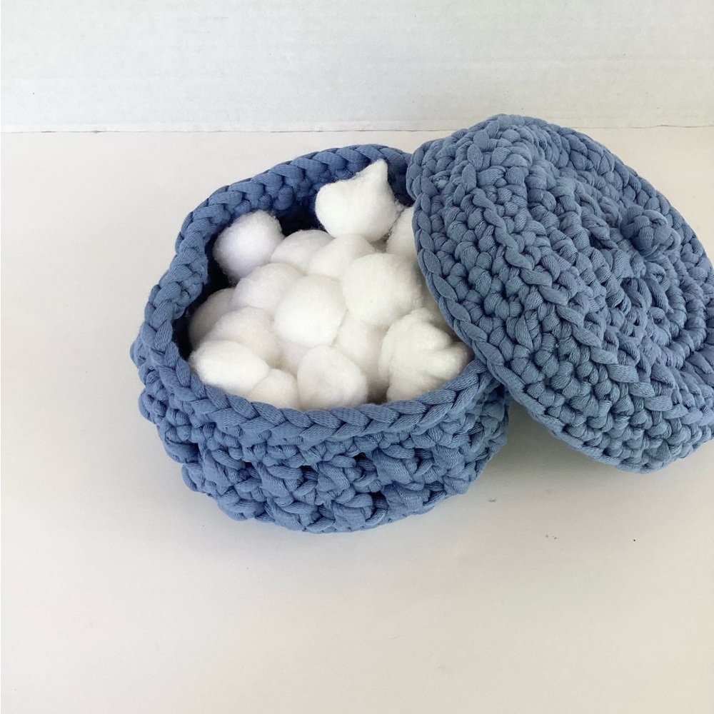 Bowl Lidded Hand Crafted Container Crochet Cotton Denim Blue Boho - Picture 10 of 16